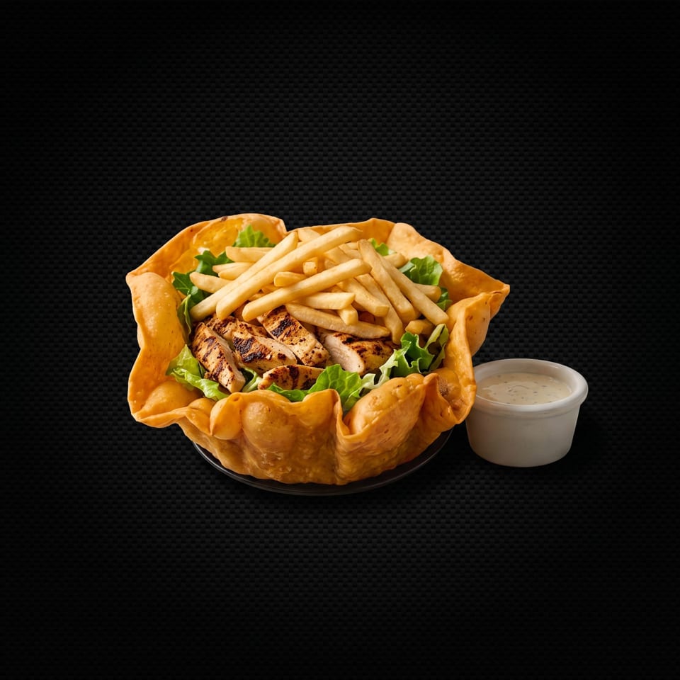Grilled chicken and french fries in a taco shell bowl with a side of ranch dressing.