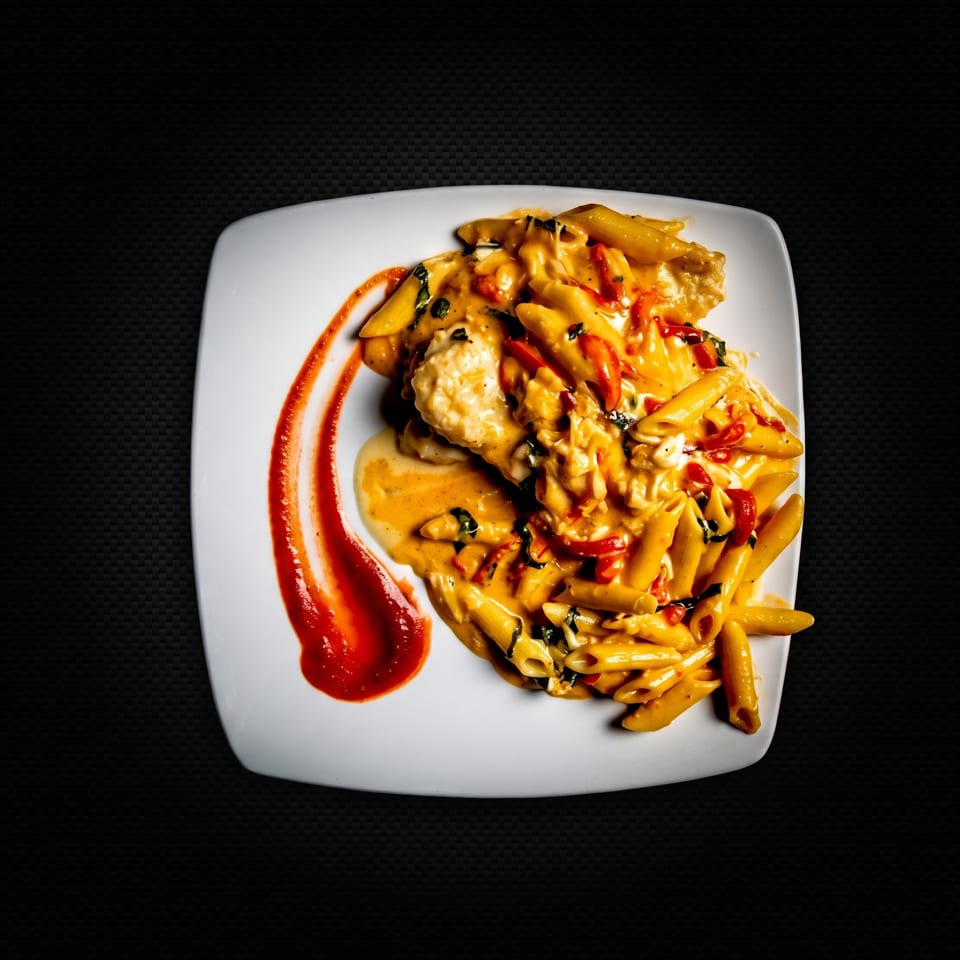Penne pasta with creamy orange sauce, red peppers, and basil, served on a white plate.