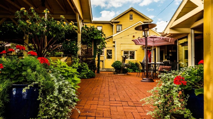 A charming outdoor patio with brick pavers, lush greenery, red flowers, and yellow buildings.